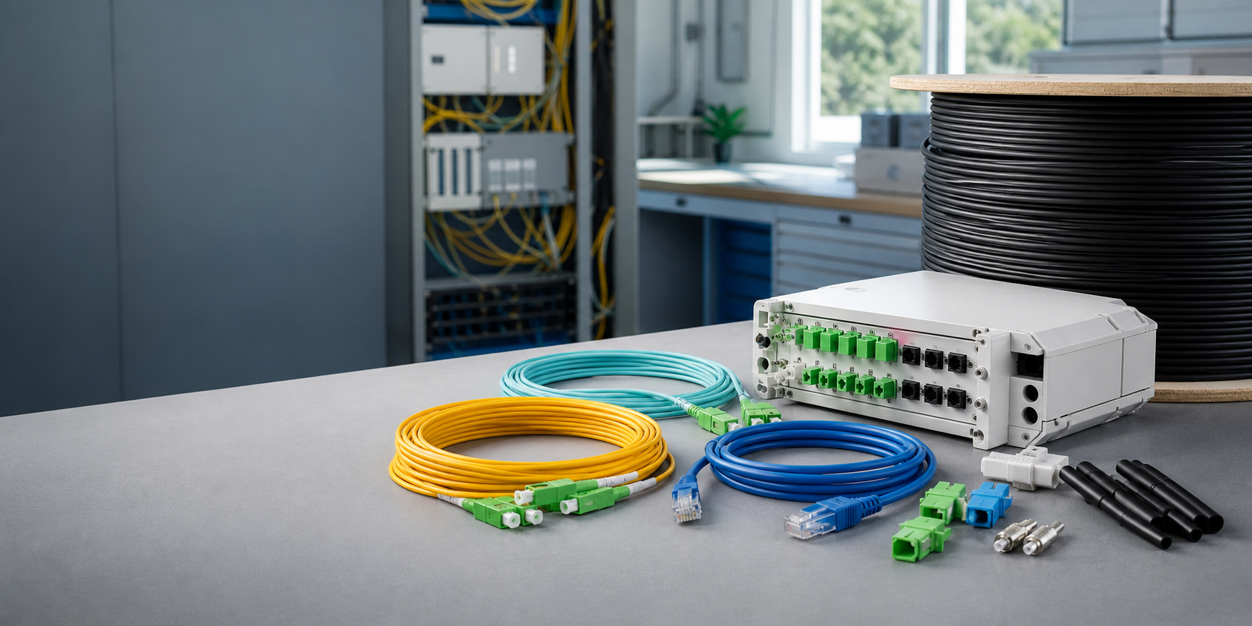 Fiber optic and network cable products on a telecom workbench